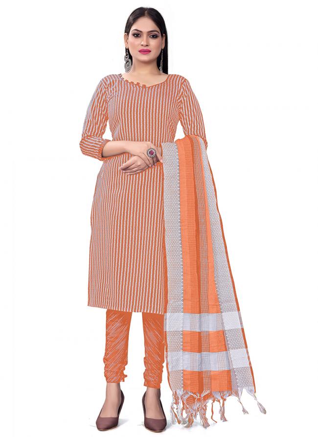 Cotton Jacquard Orange Casual Wear Printed Dress Material